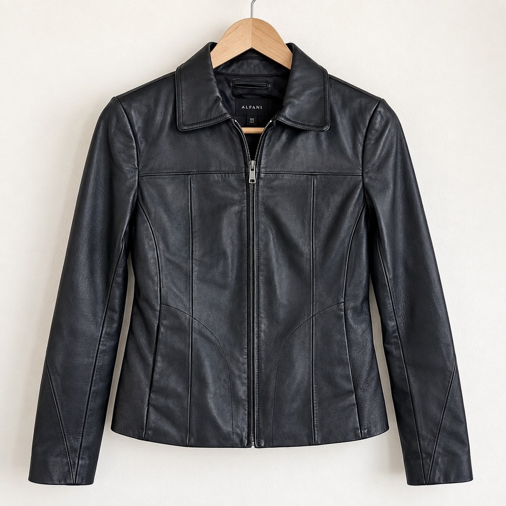 Gianna Lorenzi Italy Black Full Grain Lamb Skin Leather Jacket XS Pointed Collar